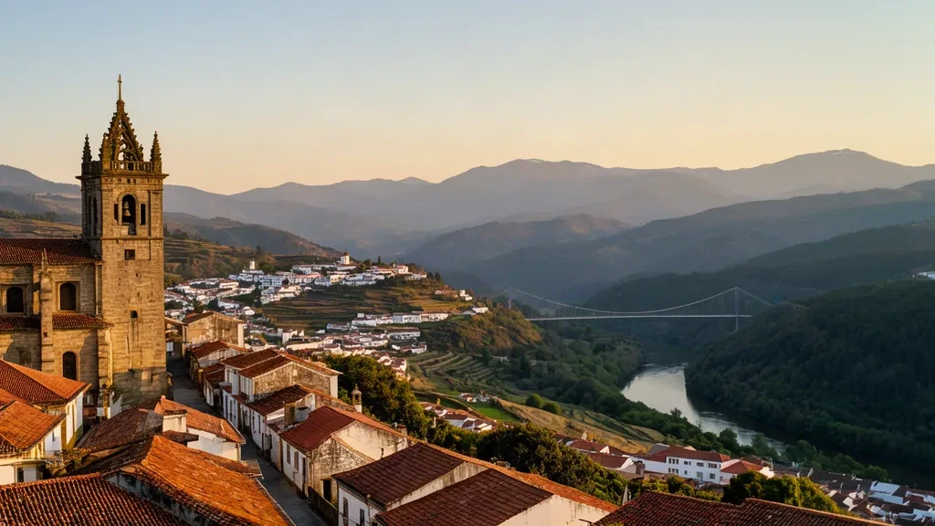 Vista elevada al atardecer sobre Vila Real, Portugal, con la torre de la catedral gótica, tejados de terracota y el verde valle del río Corgo