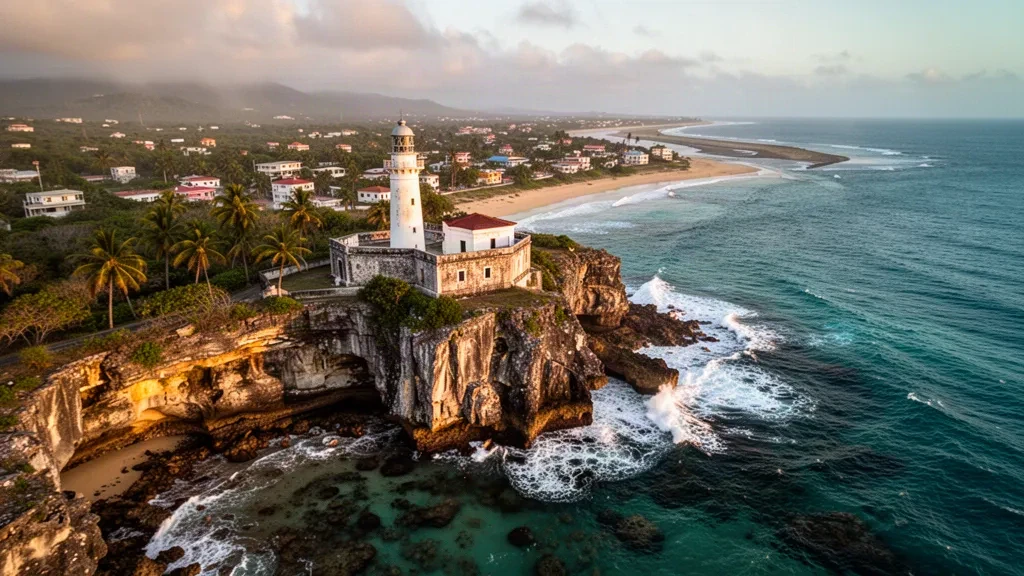 Faro di Arecibo su scogliere calcaree rocciose sopra l'Oceano Atlantico durante l'ora dorata ad Arecibo, Porto Rico