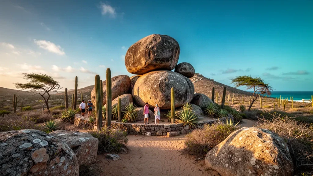 Vue à l'heure dorée des formations rocheuses d'Ayo à Santa Cruz, Aruba, encadrées par des cactus et des divi-divi sous un ciel dégagé
