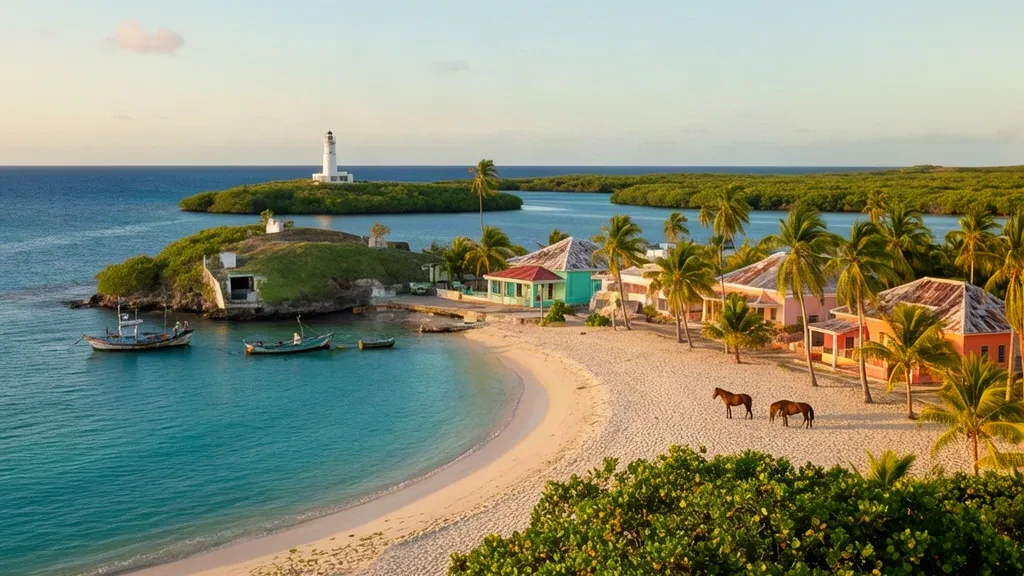 Vue à l'heure dorée de Sun Bay et du front de mer d'Esperanza à Vieques, à Porto Rico, avec un littoral caraïbe bordé de palmiers et des chevaux en liberté
