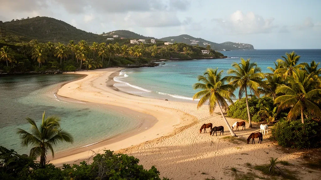 Porto Riko'nun Vieques adasındaki Sun Bay Plajı'nda sıcak öğleden sonra ışığında turkuaz Karayip suyu ve palmiyelerle çevrili altın kum