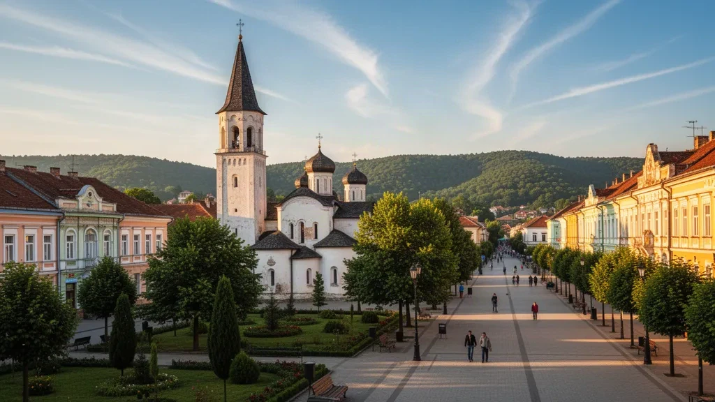Bacău, Romanya'da Precista Kilisesi ve yapraklarla dolu merkez park, sıcak öğleden sonra ışığında parlıyor