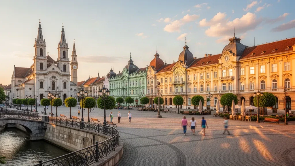 Vista de la Plaza de la Unión de Oradea, condado de Bihor, Rumanía, durante la hora dorada, con fachadas modernistas y la basílica católica romana