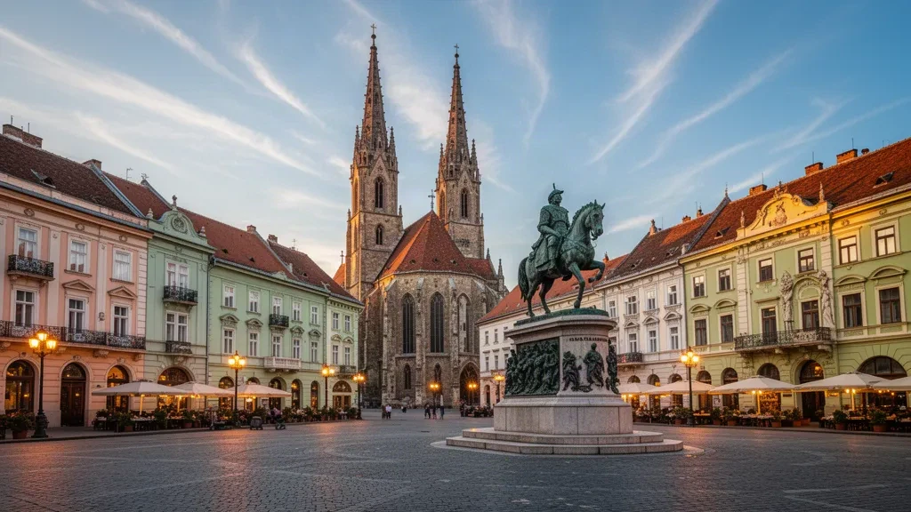Vue à l'heure dorée de la place de l'Union à Cluj-Napoca, en Roumanie, avec la flèche de l'église Saint-Michel et le monument Matthias Corvin.