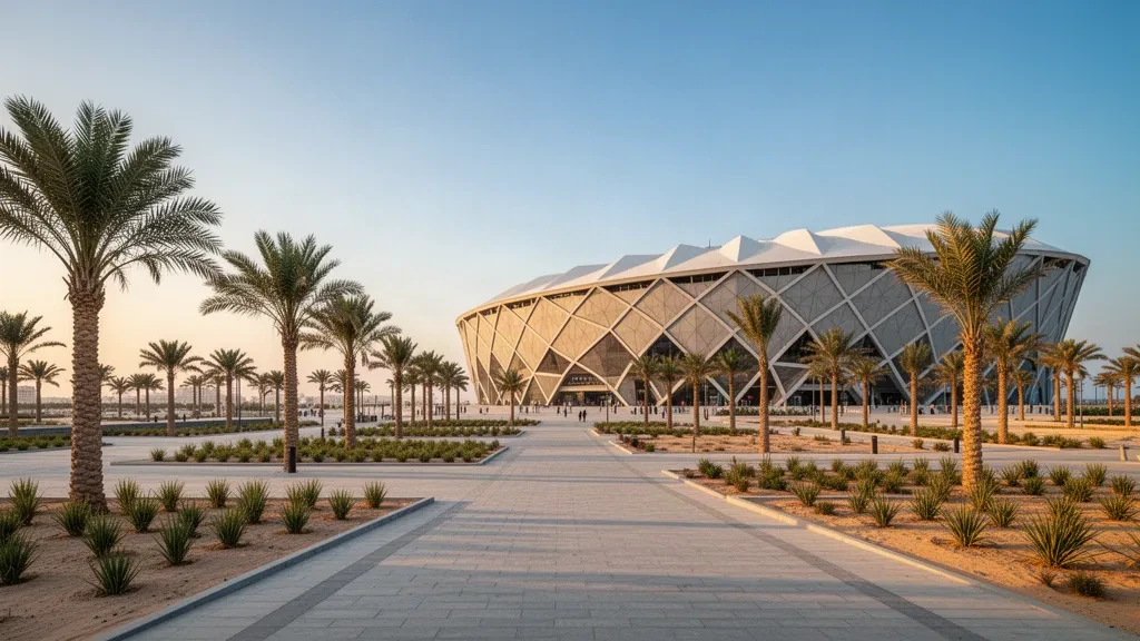 Estadio de Education City en Al Rayyan, Catar, con fachada de patrón de diamantes a la hora dorada