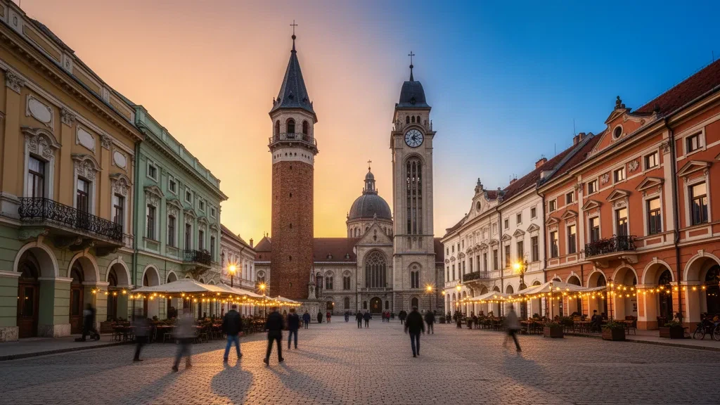Liberty Square in Satu Mare, Romania at dusk, with the Firemen's Tower and historic Secessionist facades in warm golden light.