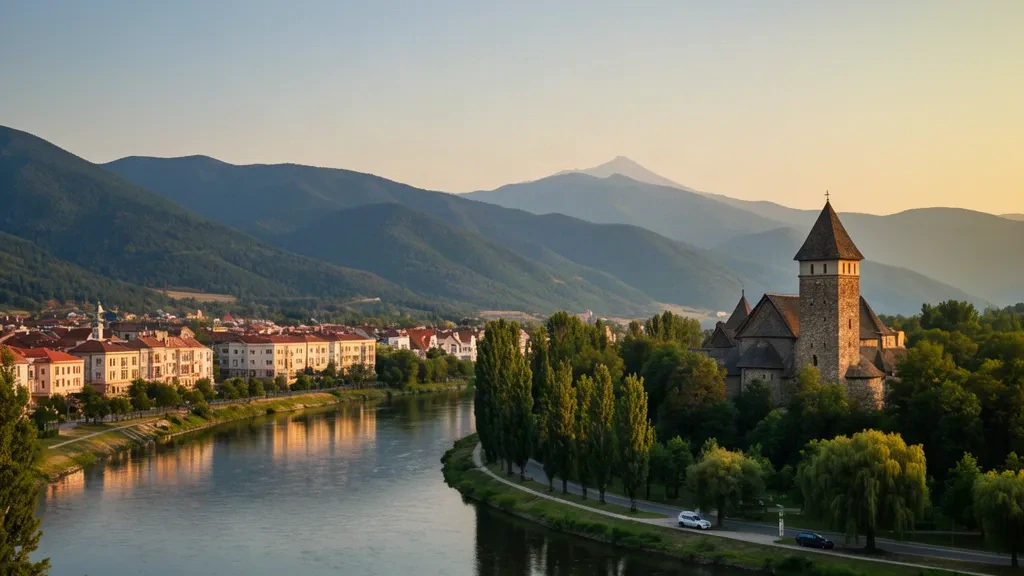 Veduta all'ora d'oro di Râmnicu Vâlcea, in Romania, con il fiume Olt, una torre di un monastero storico e le colline boscose dei Carpazi Meridionali.