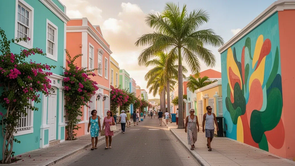 Art urbain coloré et maisons caribéennes pastel à San Nicolaas Zuid, Aruba, sous la lumière chaude de fin d'après-midi