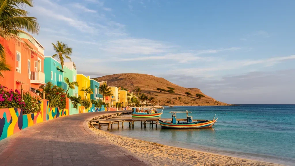 Edifici caraibici dai colori pastello e pareti con murales lungo la strada sul lungomare soleggiato di San Nicolas, Aruba