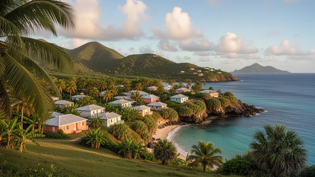 Saint Kitts'teki Trinity Palmetto Point'in palmiyeler, yeşil tepeler ve turkuaz Karayip Denizi ile kıyı manzarası