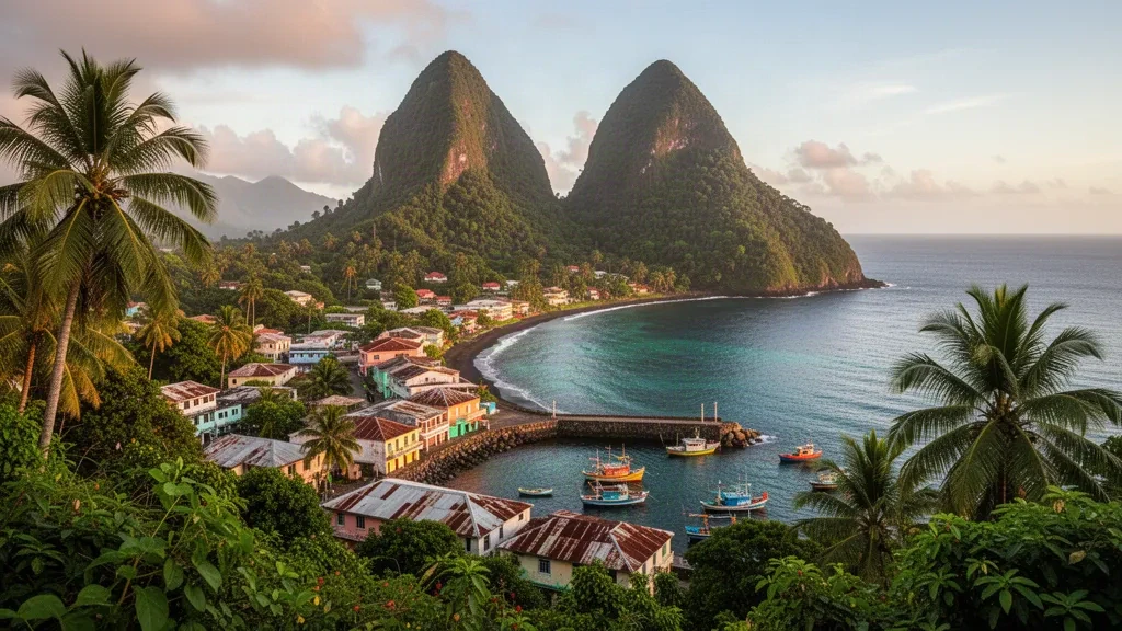 I Pitons gemelli che si ergono sopra la città caraibica sul lungomare di Soufrière, Santa Lucia, con case colorate, barche e palme