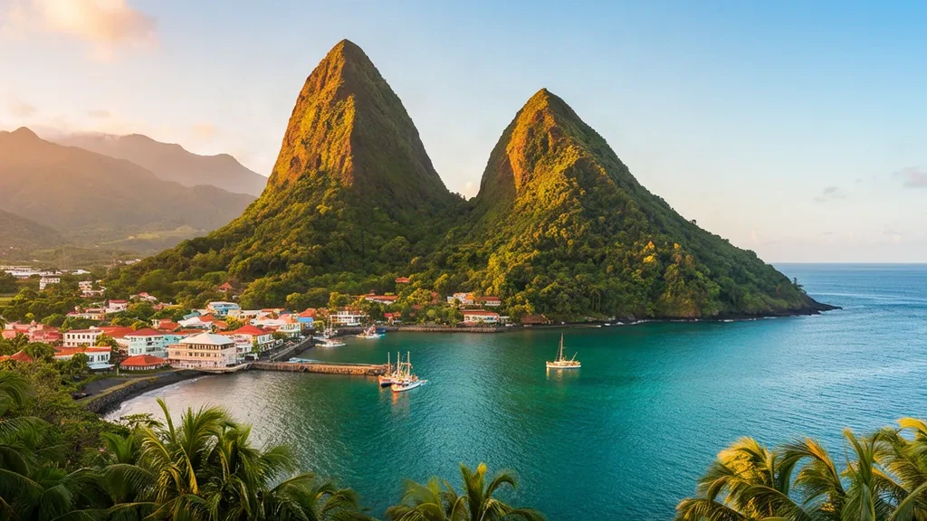 Saint Lucia'da Soufrière'nin sahil şeridinin, palmiye ağaçlarıyla çevrili Karayip koyunun ve turkuaz denizin üzerinde yükselen İkiz Pitonslar
