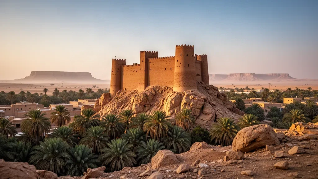 Forteresse en pierre du château de Marid s'élevant au-dessus de palmeraies à Dumat Al-Jandal, région d'Al Jawf, Arabie saoudite, à l'heure dorée