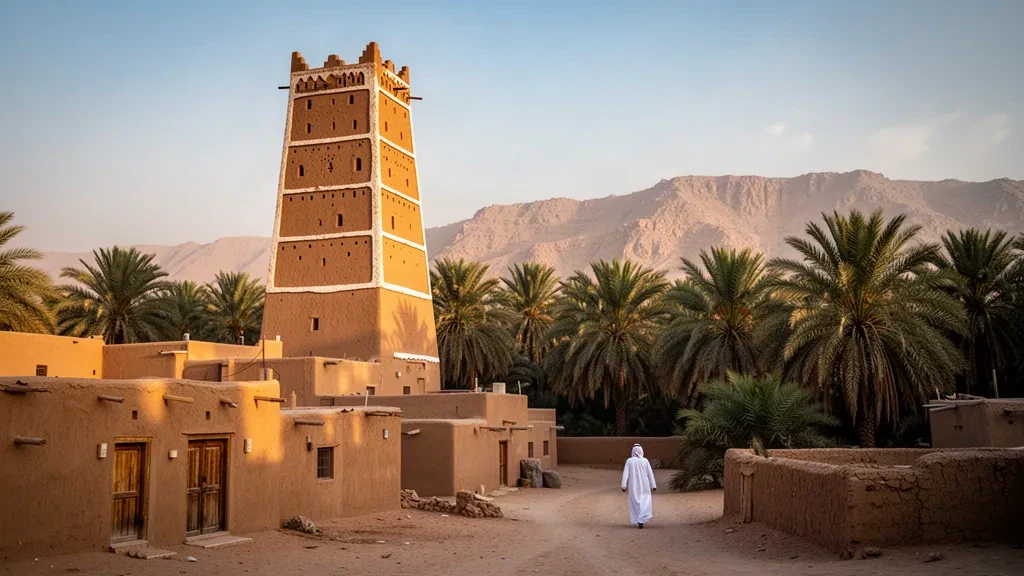 Palazzo Al-Aan in mattoni di fango nella città vecchia di Najran che si erge sopra i palmeti di datteri nell'ora dorata nel sud-ovest dell'Arabia Saudita