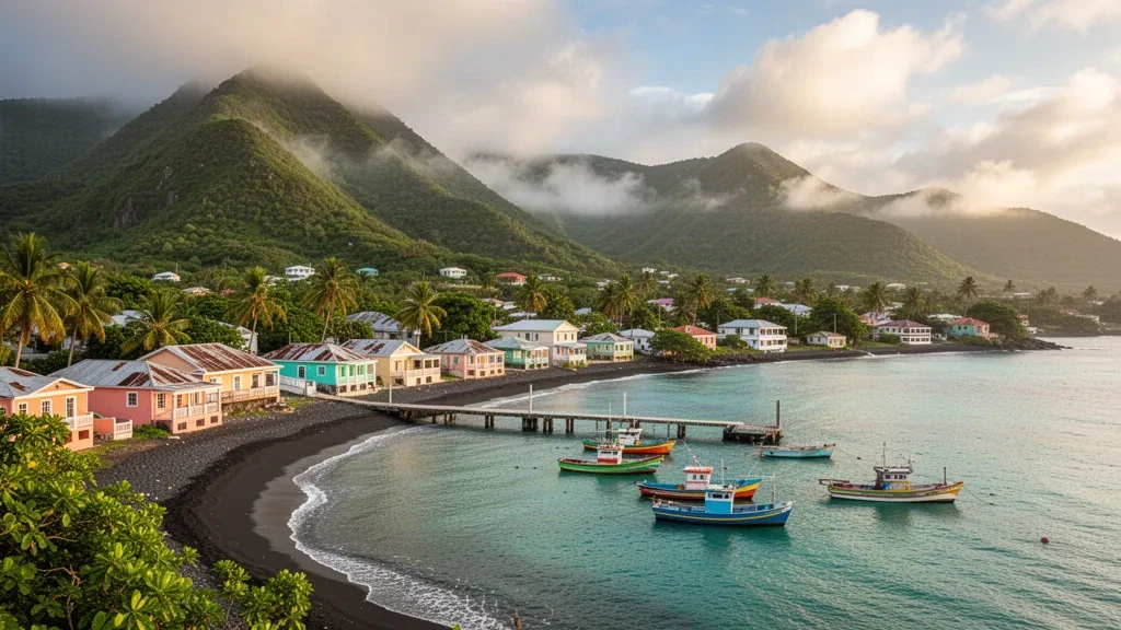 Coastal view of Barrouallie in Saint Patrick Parish, Saint Vincent and the Grenadines, with fishing boats, black sand beach and green hills.