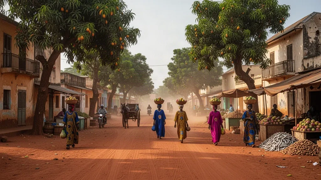 Calle de laterita roja bordeada de mangos y edificios de poca altura en el centro de Kolda, Casamance, Senegal, a la hora dorada