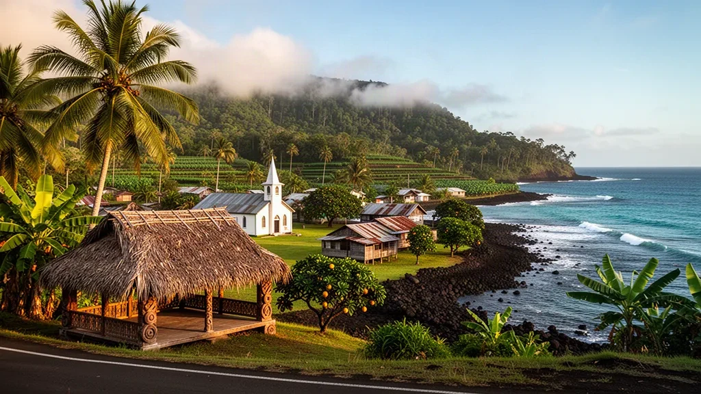 Veduta nell'ora dorata di un fale samoano tradizionale e di una piccola chiesa bianca del villaggio tra le palme da cocco a Satupa'itea, sulla costa meridionale di Savai'i, Samoa.