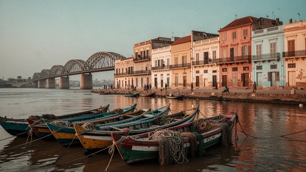 Faidherbe Bridge and colourful fishing pirogues along the colonial quay of historic Saint-Louis, Senegal, at golden hour