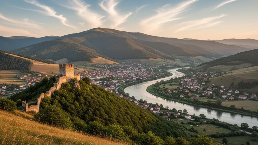 Vista panorámica de Raška, Serbia, con la fortaleza medieval de Gradina en una colina y las montañas de Kopaonik al fondo.