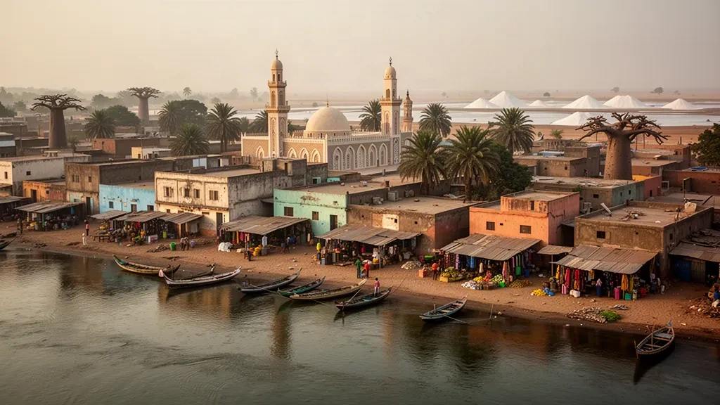 Vista a la hora dorada sobre Kaolack, Senegal, con el río Saloum, tejados y minaretes de mezquitas en el horizonte