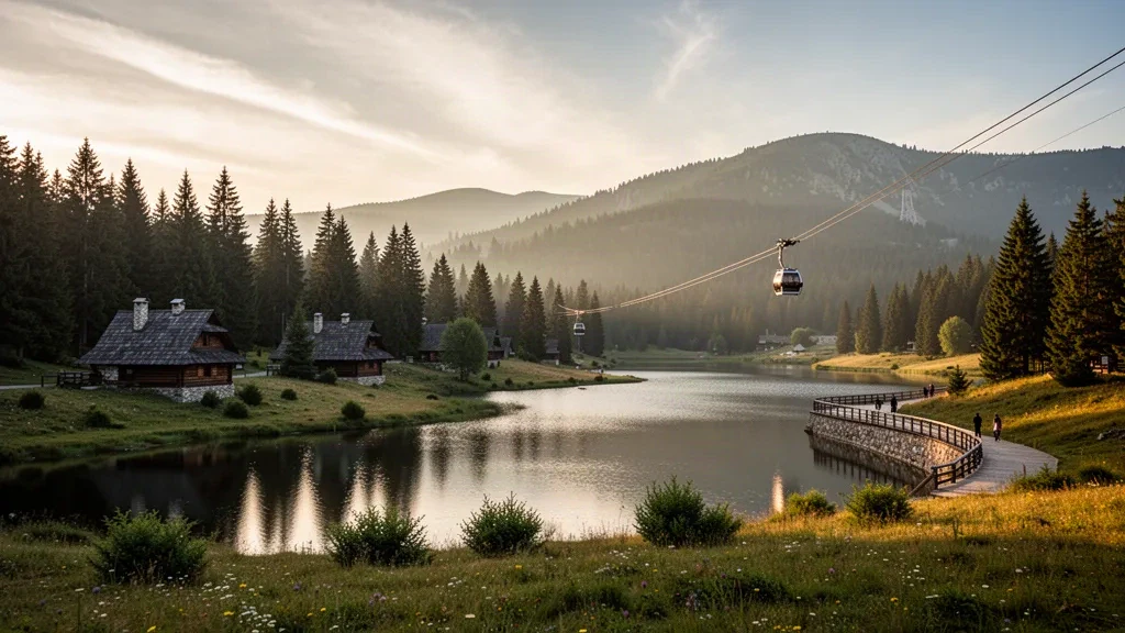 Sırbistan'da Zlatibor Gölü ve çam kaplı tepelerin altın saat manzarası, Altın Gondol Tornik zirvesine doğru yükseliyor