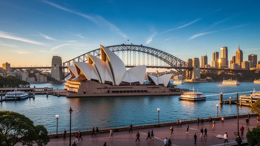Ópera de Sídney y Harbour Bridge a la hora dorada a través del puerto en Nueva Gales del Sur, Australia