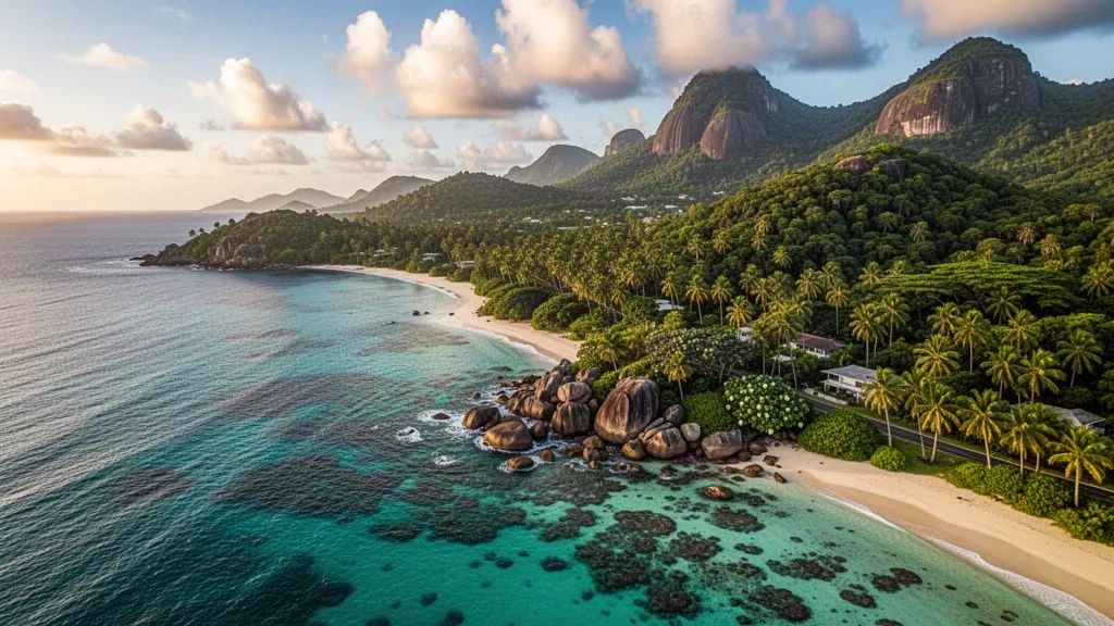 Veduta aerea della costa di Pointe Larue a Mahé, Seychelles, con acqua turchese, massi di granito e fitta foresta tropicale.