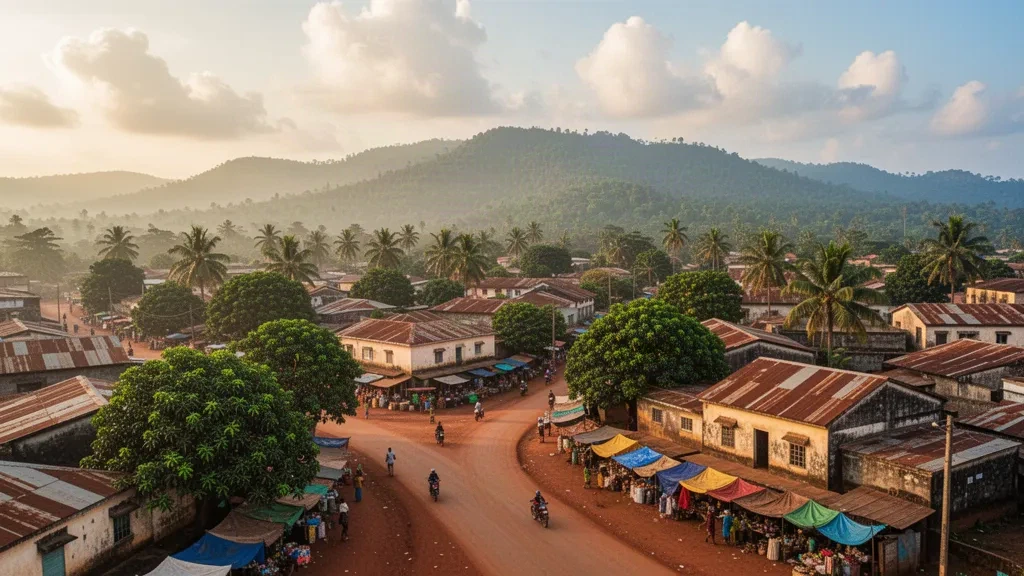 Elevated view of Kenema city with the forested Kambui Hills rising behind, Eastern Province, Sierra Leone