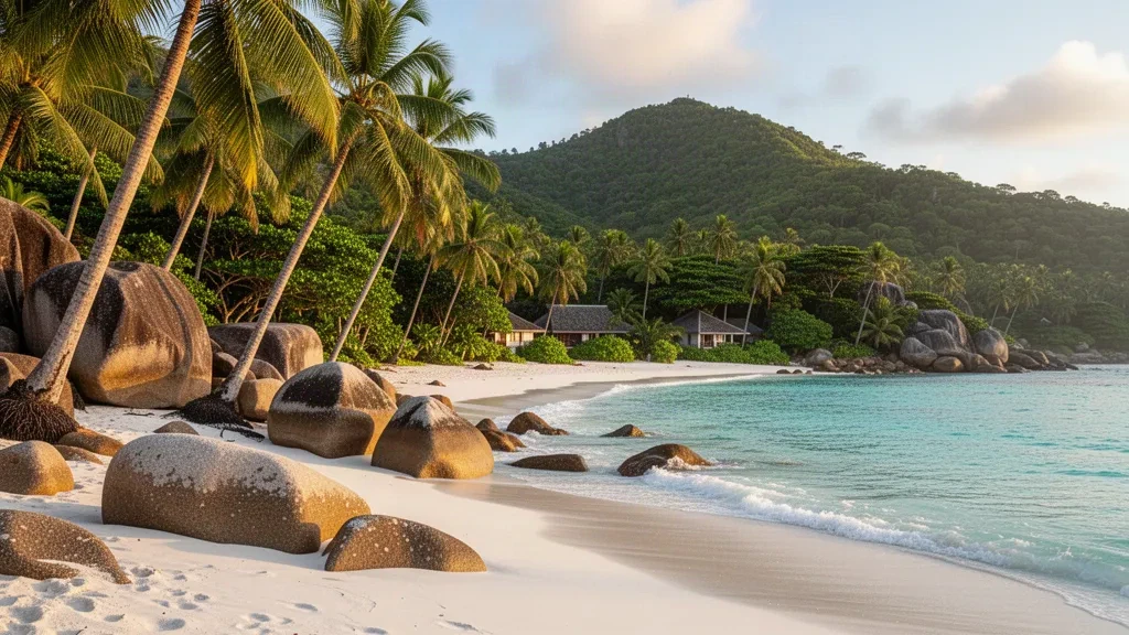 Spiaggia di Anse Takamaka alle Seychelles con massi di granito, palme, sabbia bianca e acque turchesi dell'Oceano Indiano.