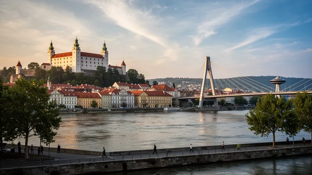 Altın saatte Slovakya'da Tuna Nehri ve Eski Şehir çatıları üzerinde Bratislava Kalesi