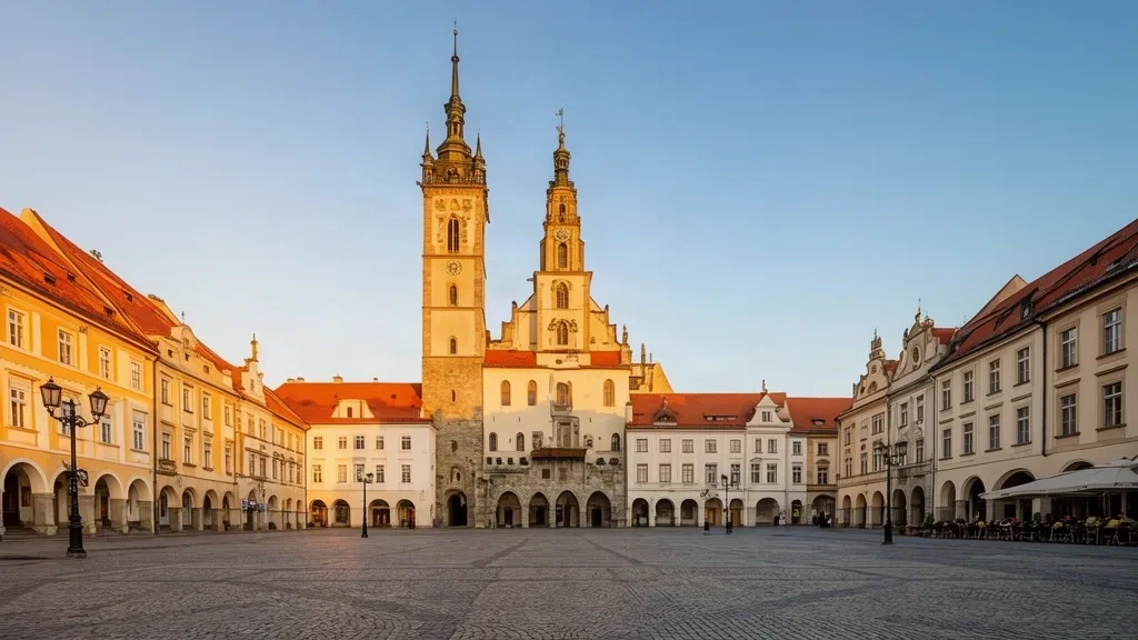 La place de la Sainte-Trinité à Trnava à l'heure dorée avec la tour de l'Hôtel de Ville et la basilique Saint-Nicolas, Slovaquie