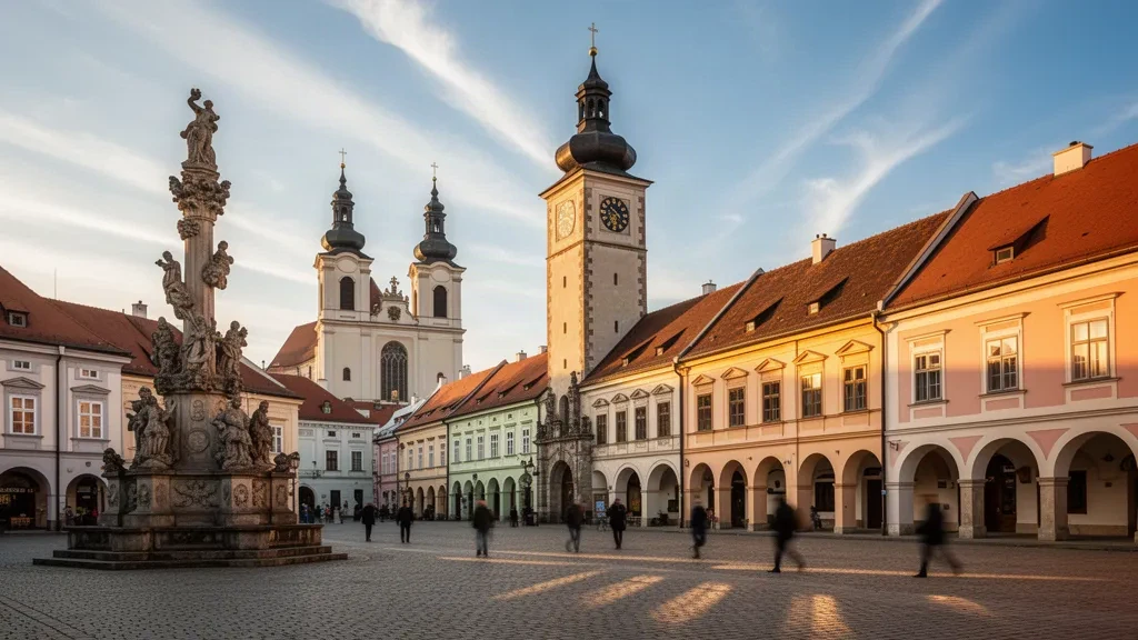 Piazza della Trinità a Trnava, Slovacchia, con la torre civica rinascimentale, la colonna della Santissima Trinità e le facciate barocche dai colori pastello nella calda luce serale