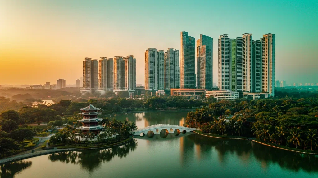 Luftaufnahme des Jurong Lake und der modernen Skyline von Jurong East im Südwesten Singapurs während der Goldenen Stunde