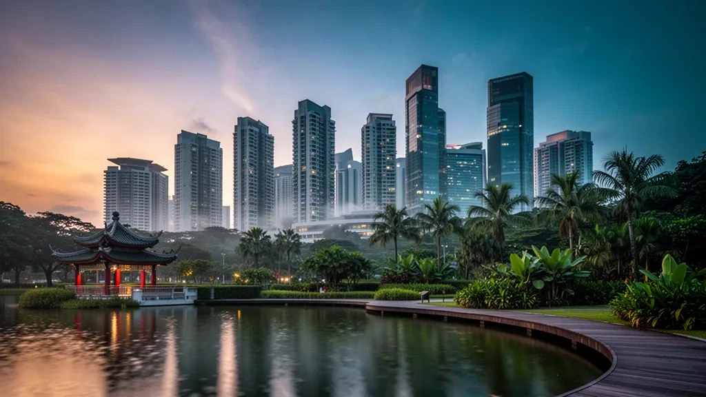 Les gratte-ciel de Jurong East au crépuscule vus depuis les jardins du lac Jurong dans le district du sud-ouest de Singapour, avec les reflets du lac