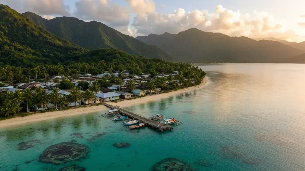 Vue aérienne à l'heure dorée du port de Kirakira sur l'île de Makira, îles Salomon, avec des crêtes de forêt tropicale, une eau turquoise de récif et des pirogues à balancier.