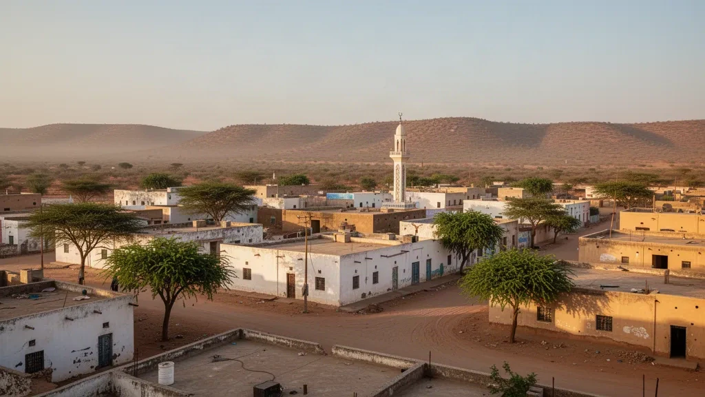 Vista urbana de Garowe en la región somalí de Nugal con edificios blancos de baja altura, un alminar de mezquita y colinas secas bajo una cálida luz de la tarde