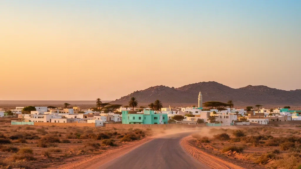 Somali'nin Nugaal bölgesindeki Garowe şehir silüeti; alçak binalar, bir minare ve geniş altın saat gökyüzü altında kuru çalılıklar
