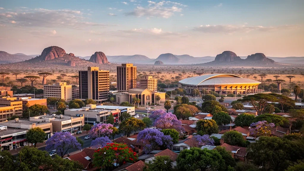 Güney Afrika, Limpopo'daki Polokwane'in altın saatte silüeti; şehir kuleleri, bir stadyum ve çevredeki bushveld tepeleri