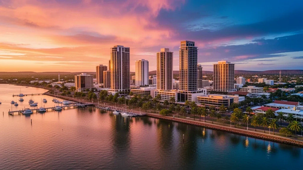 Vue aérienne de la ligne d'horizon de Darwin au coucher du soleil avec le port et des palmiers, Territoire du Nord, Australie