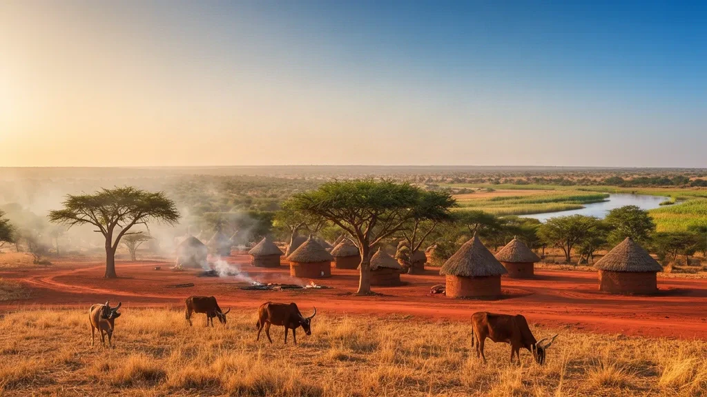 Veduta di Kuajok nello Stato di Warrap, Sud Sudan, durante l'ora d'oro, con capanne tukul dal tetto di paglia, acacie e bovini al pascolo nelle pianure della savana.