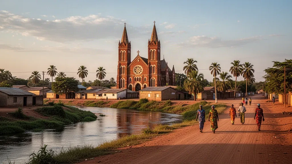 Cattedrale di Wau e skyline della città nel Bahr el Ghazal Occidentale, Sud Sudan, all'ora del tramonto