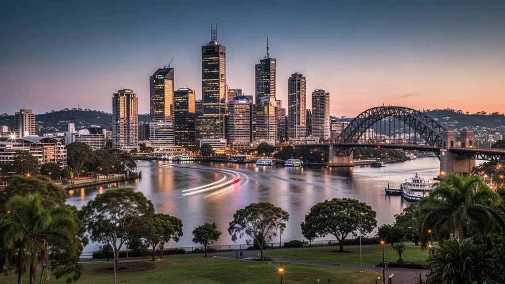 Skyline von Brisbane in der Abenddämmerung von den Kangaroo Point Cliffs mit der Story Bridge über dem Brisbane River, Queensland, Australien