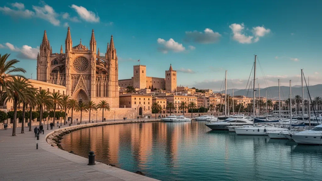 Cathédrale La Seu et front de mer de Palma de Majorque à l'heure dorée avec promenade bordée de palmiers et marina dans les îles Baléares