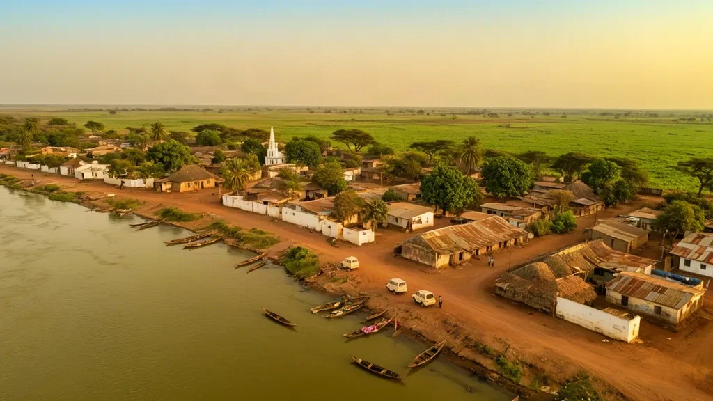 Das Ufer des Weißen Nils in Malakal im Bundesstaat Upper Nile, Südsudan, mit hölzernen Kanus, Gebäuden am Flussufer und dunstigem goldenem Licht.