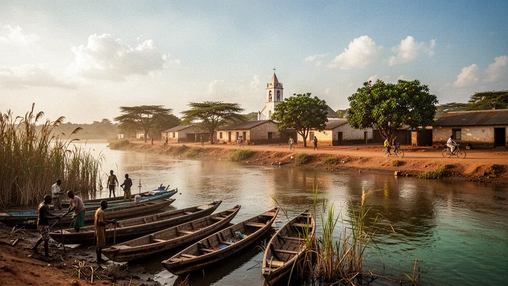 Veduta durante l'ora dorata del lungofiume del Nilo Bianco a Malakal, capitale dello Stato dell'Alto Nilo, Sud Sudan, con barche di legno ed edifici lungo il fiume