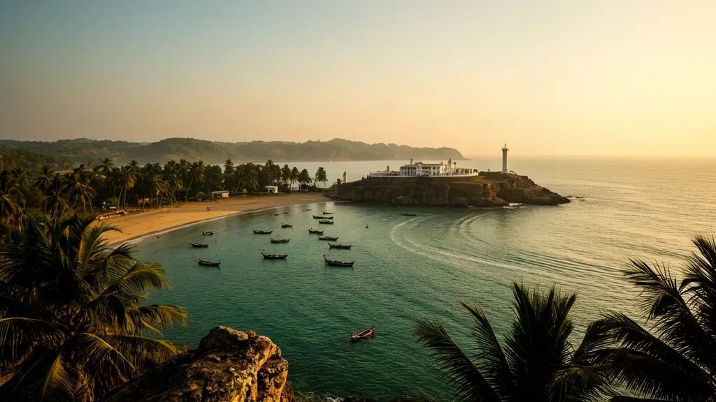 Blick zur goldenen Stunde über den Hafen von Trincomalee und die palmengesäumte Küste an Sri Lankas Ostküste, mit türkisfarbenem Wasser und Fischerbooten