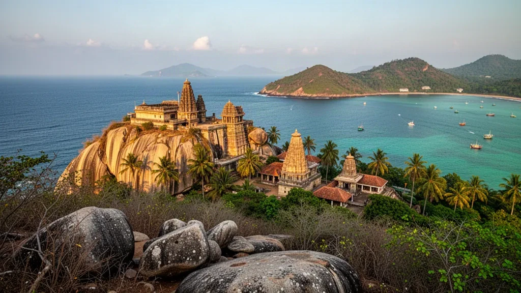 Templo Koneswaram en los acantilados de Swami Rock con vistas al puerto turquesa de Trincomalee, Provincia Oriental, Sri Lanka