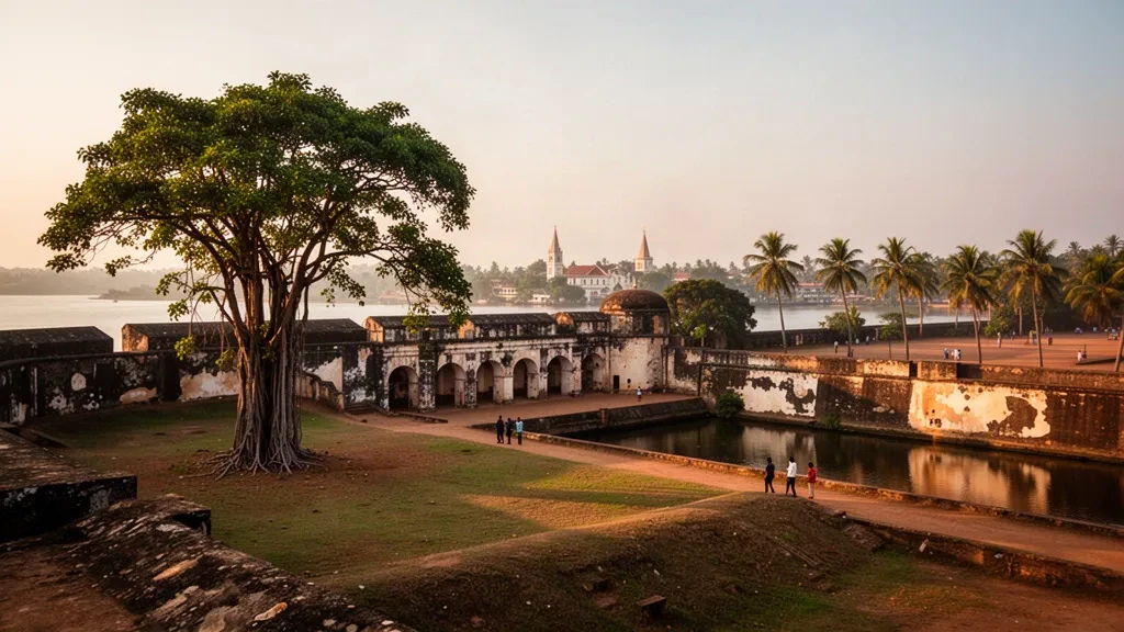 Kuzey Eyaleti, Sri Lanka'da Jaffna Kalesi'nin taş surları, palmiyeler ve lagünün altın saat dilimindeki görünümü
