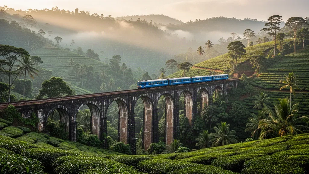 Ponte dei Nove Archi a Ella, Provincia di Uva, Sri Lanka, circondato da lussureggianti piantagioni di tè e colline nebbiose sotto una soffice luce mattutina.