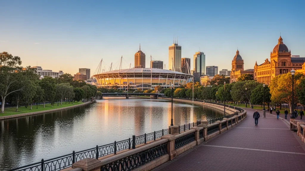 Adelaide skyline across the River Torrens with Adelaide Oval and city buildings at golden hour, South Australia